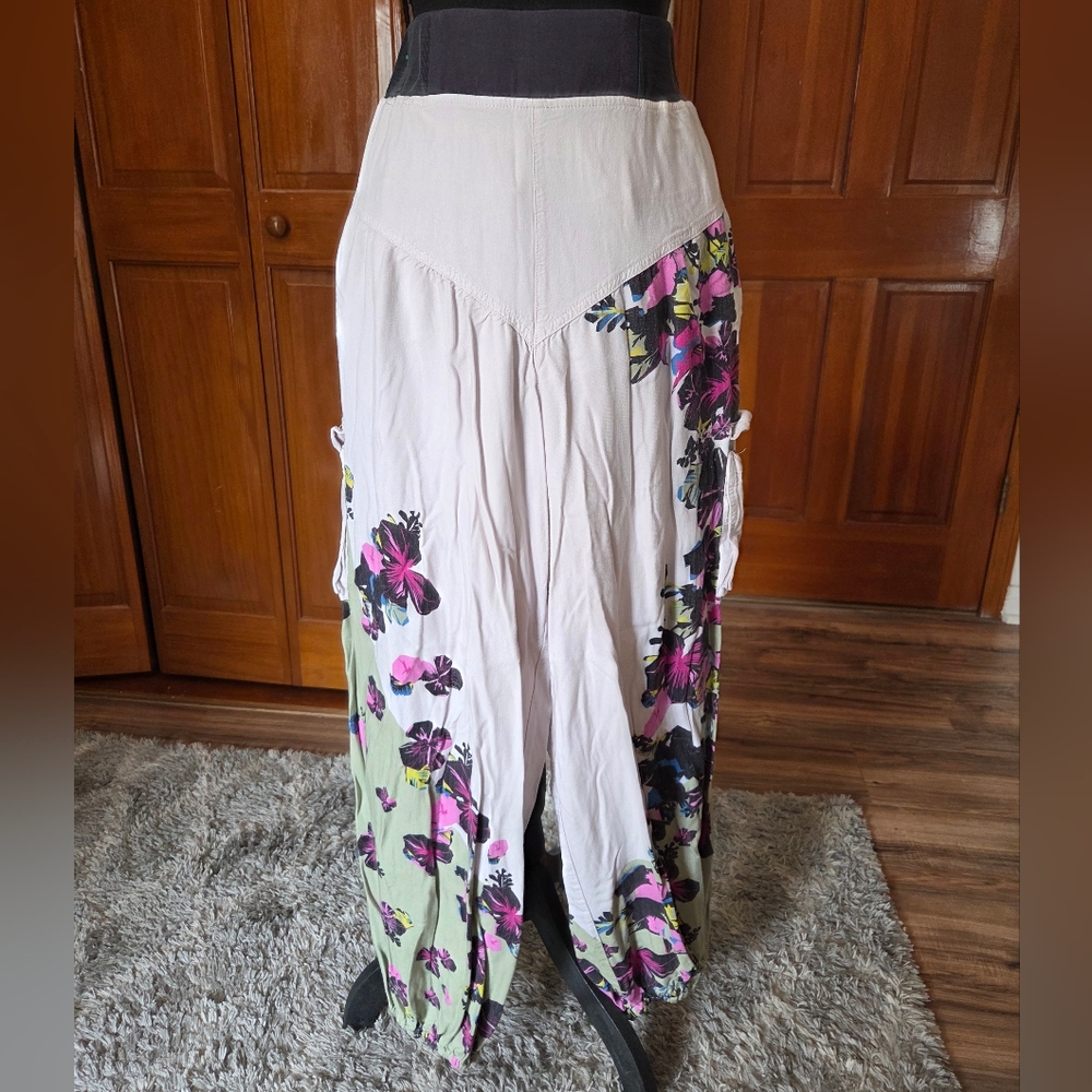 FP Movement by Free People White Maxi Skirt with Pink Floral & Green Panels